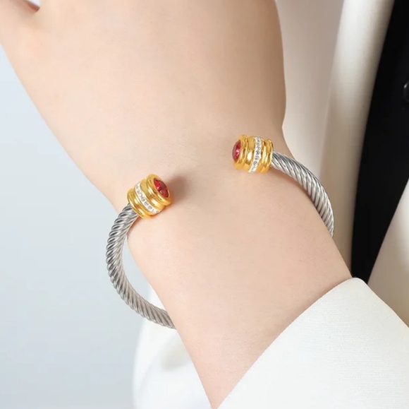 Beautiful Stainless Steel 2 Tone Cuff Bracelets with CZs in Various Colors - Picture 5 of 10